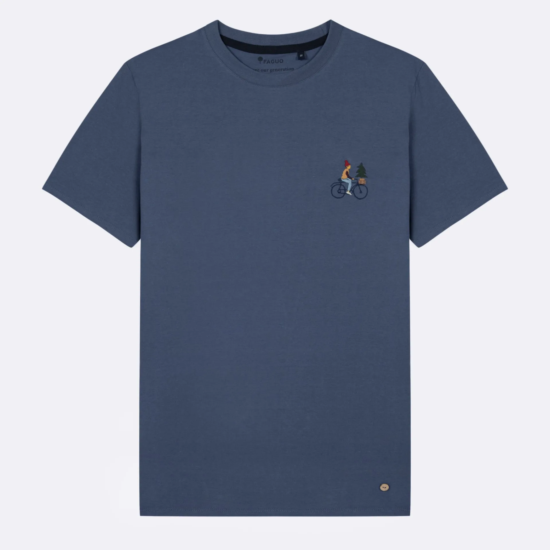 New FAGUO T-shirt col rond bleu broderie vélo